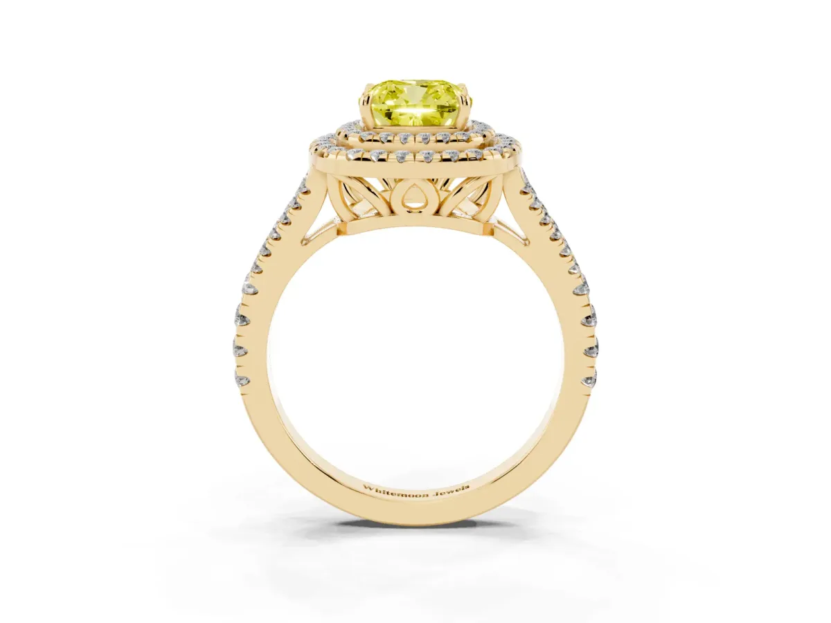 Fancy Yellow Cushion Cut Diamond Double Halo Ring with Pavé Band and Prong Setting Yellow gold