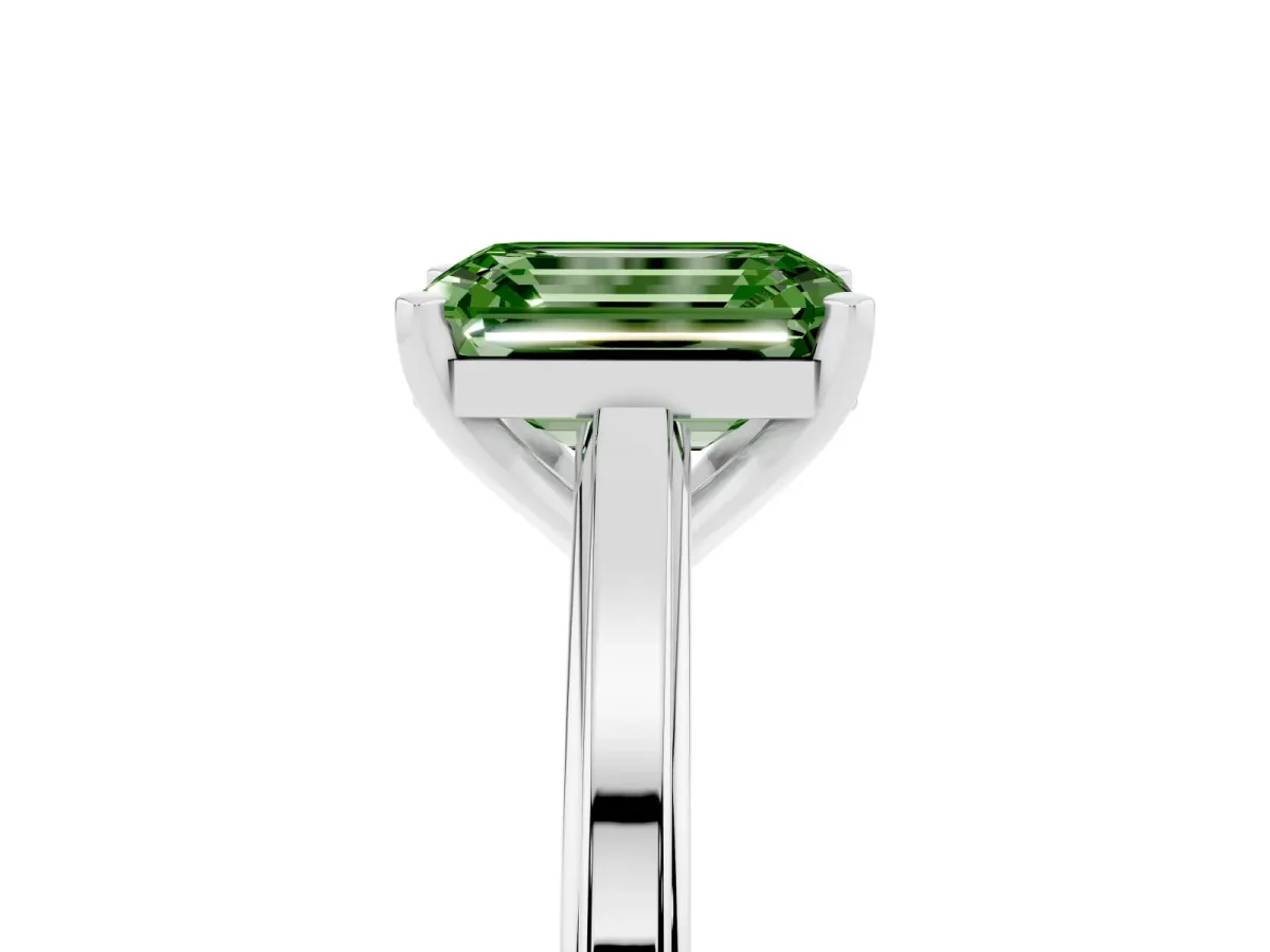 Fancy Green Emerald Cut Solitaire Diamond Ring with Four-Prong Setting and Classic Band Platinum