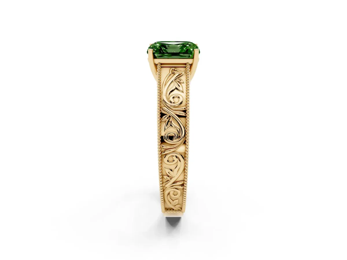 Fancy Green Asscher Cut Diamond Solitaire Ring with Engraved Band and Four-Prong Setting Yellow gold