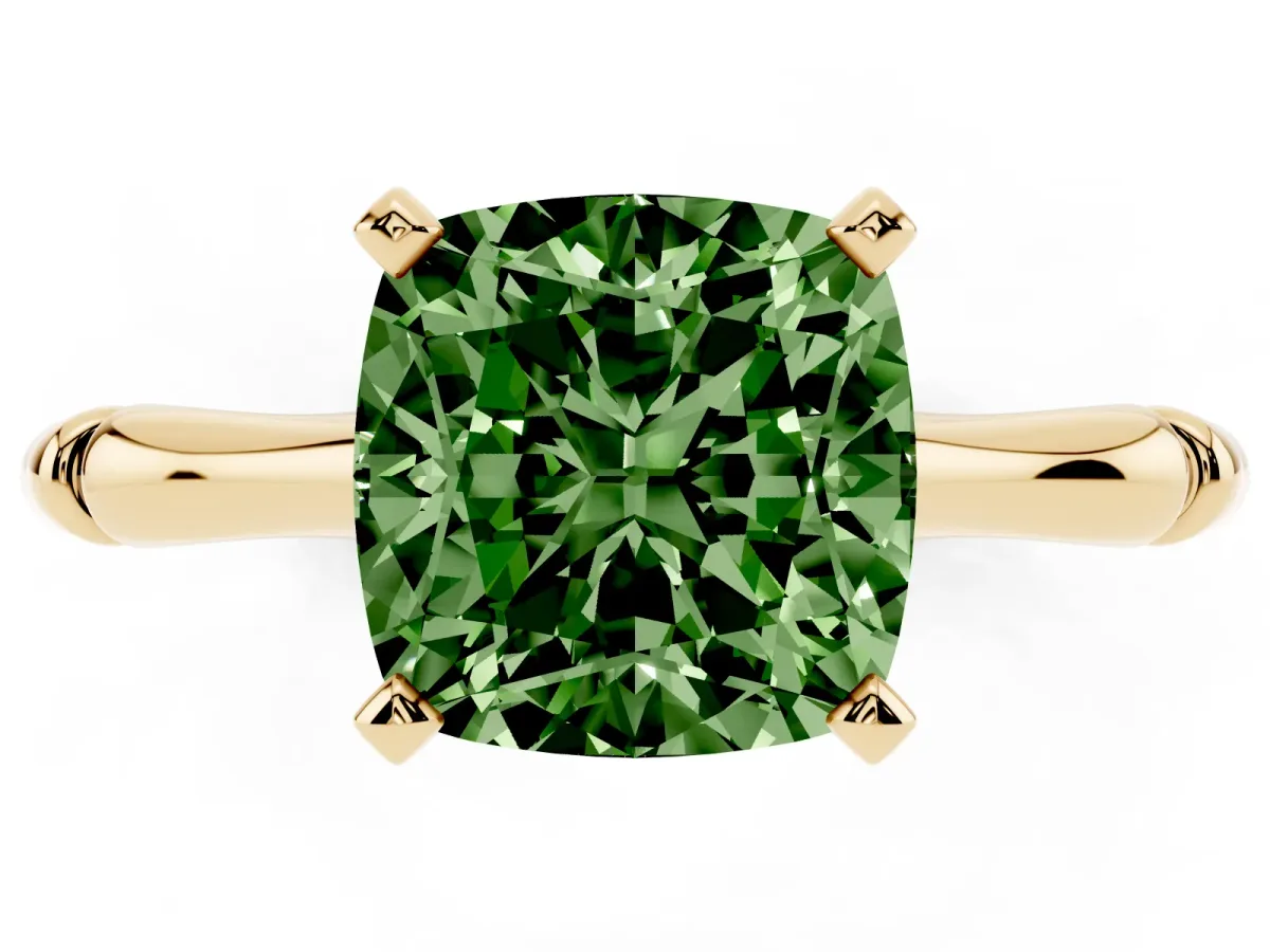 Fancy Green Cushion Cut Solitaire Diamond Ring with Bamboo Band and Four-Prong Setting Yellow gold
