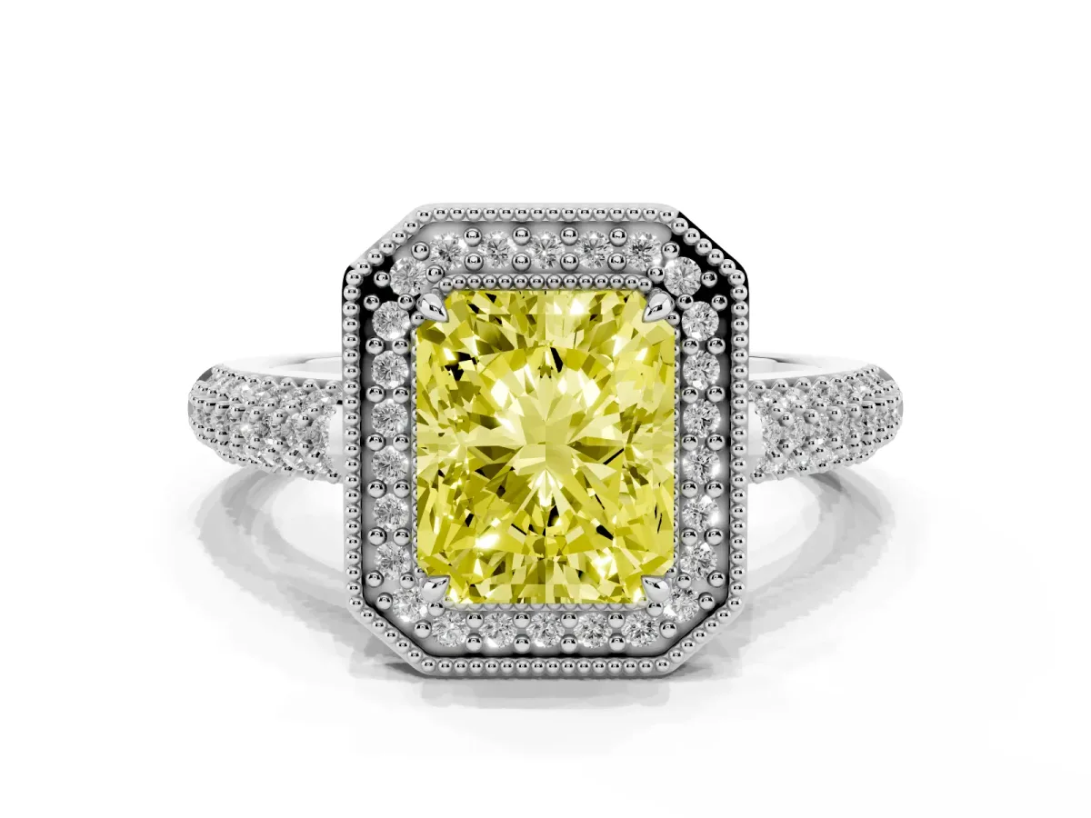 Fancy Yellow Radiant Cut Cut Halo Diamond Pave Band with Four-Prong Setting Silver