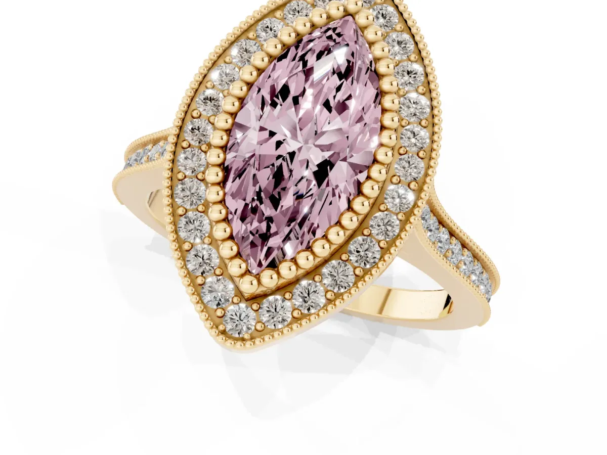 Fancy Pink Marquise Cut Diamond Halo Ring with Milgrain Frame and Pavé Band Yellow gold