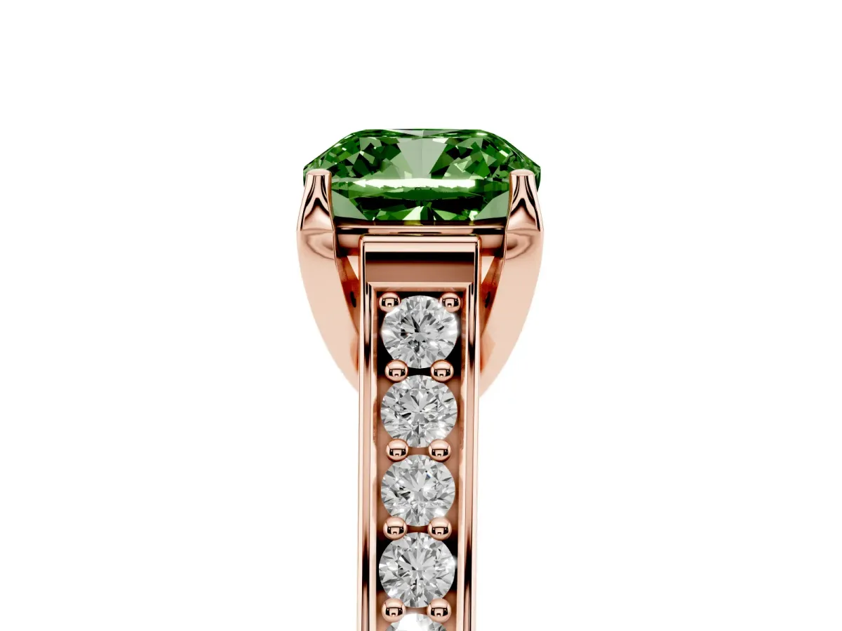 Fancy Green Cushion Cut Brilliant Cut Diamond Engagement Ring with Pavé Band and Four-Prong Setting Rose gold