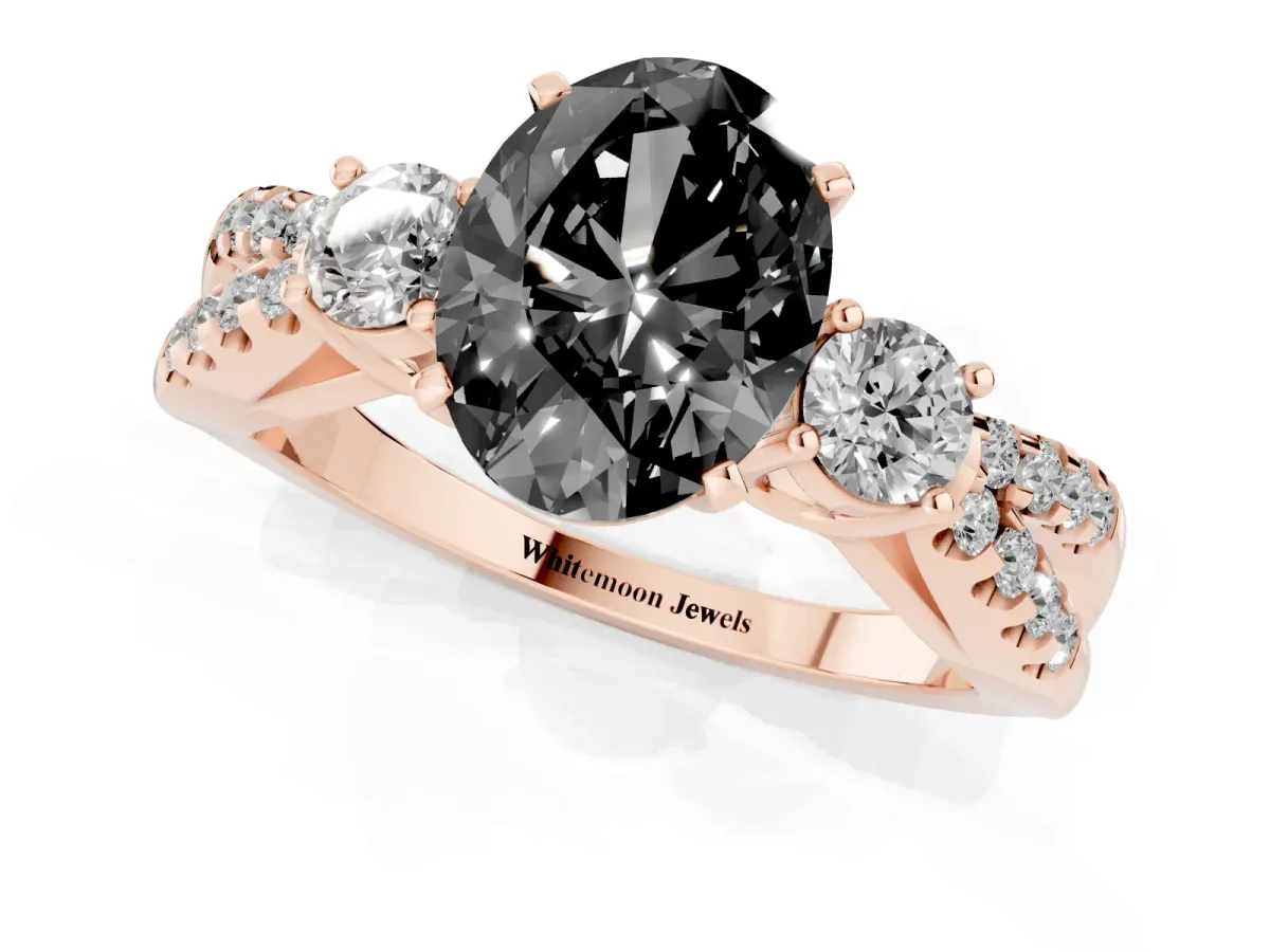 Fancy Black Oval Cut Diamond Three-Stone Ring with Pavé Split Shank and Four-Prong Setting Rose gold