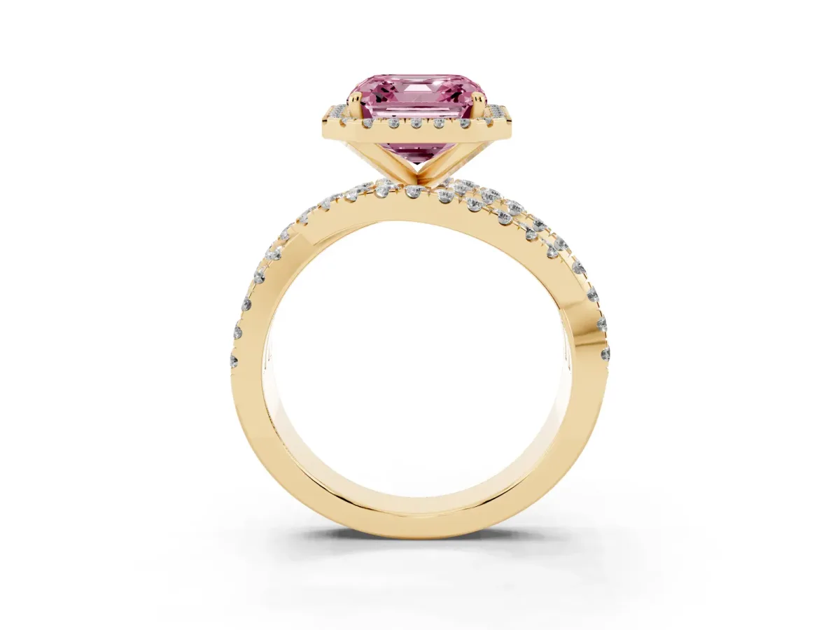 Fancy Pink Asscher Cut Diamond Halo Ring with Round Split Shank and Prong Setting Yellow gold
