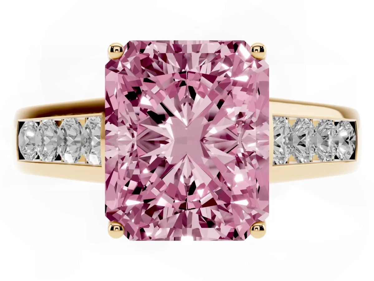 Fancy Pink Radiant Cut Brilliant Channel-Set Solitaire Ring with Four-Prong Setting Yellow gold