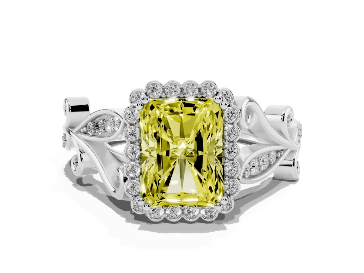 Fancy Yellow Radiant Cut Diamond Halo Ring with Vintage Split Shank and Four-Prong Setting Silver