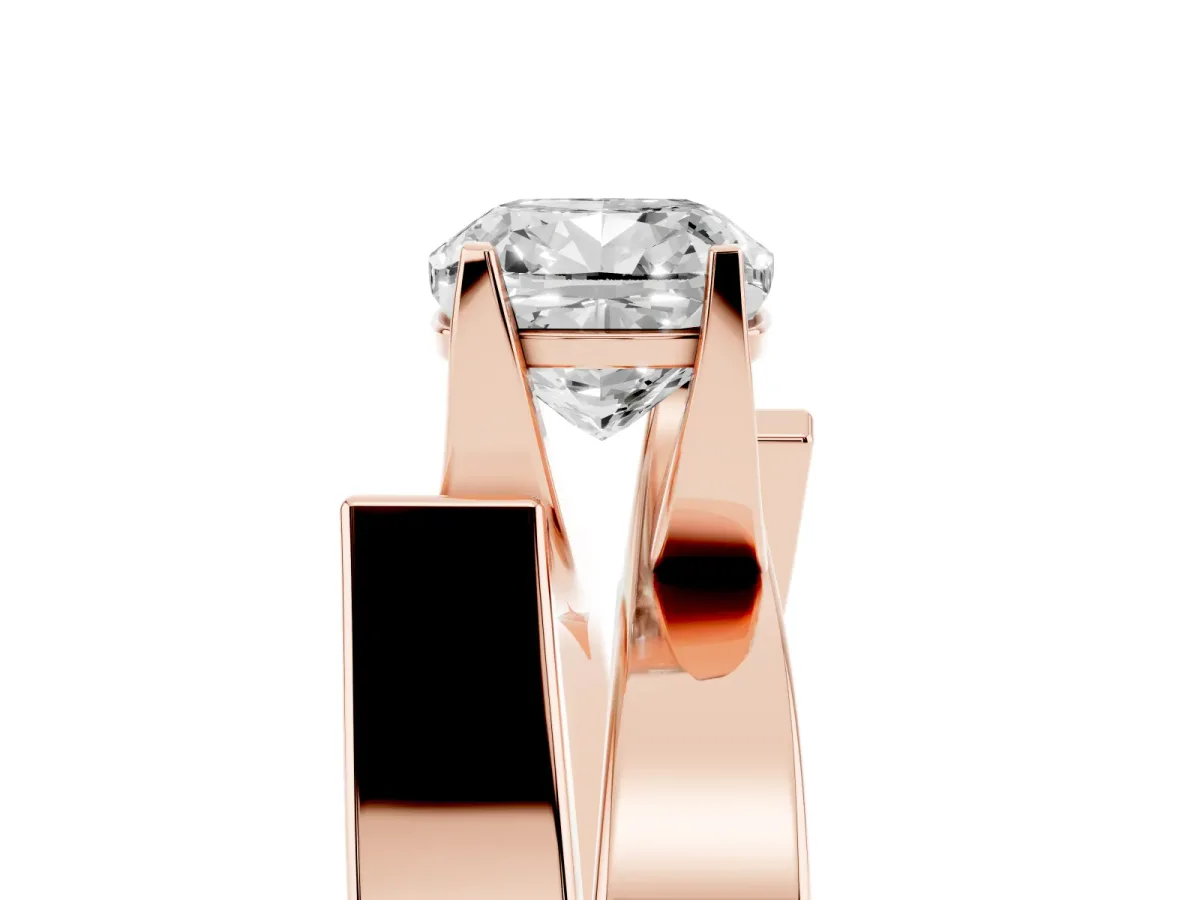 Modern Tension Set Cushion Cut Diamond Solitaire Wide Band Ring Rose gold