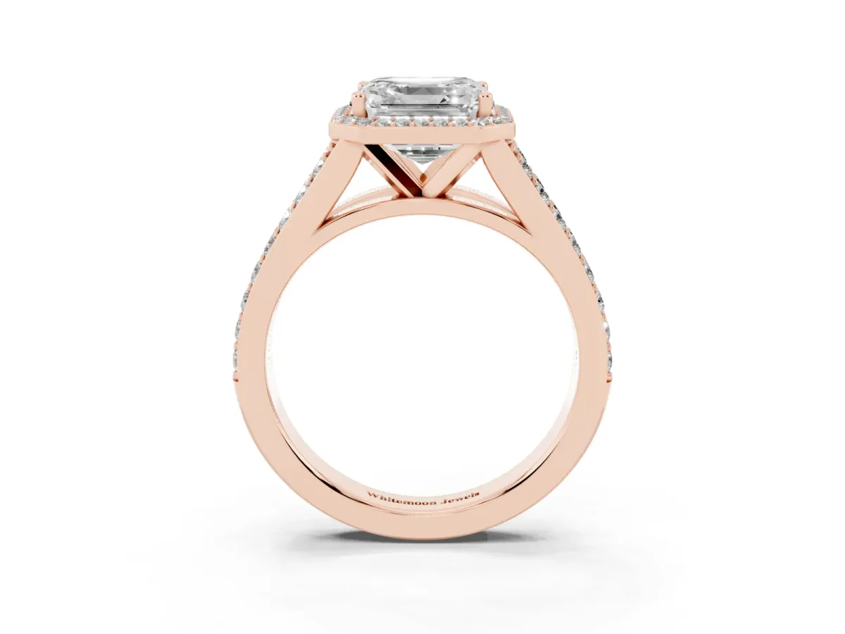 Asscher Cut Diamond Split Shank Halo Ring with Four-Prong Setting Rose gold