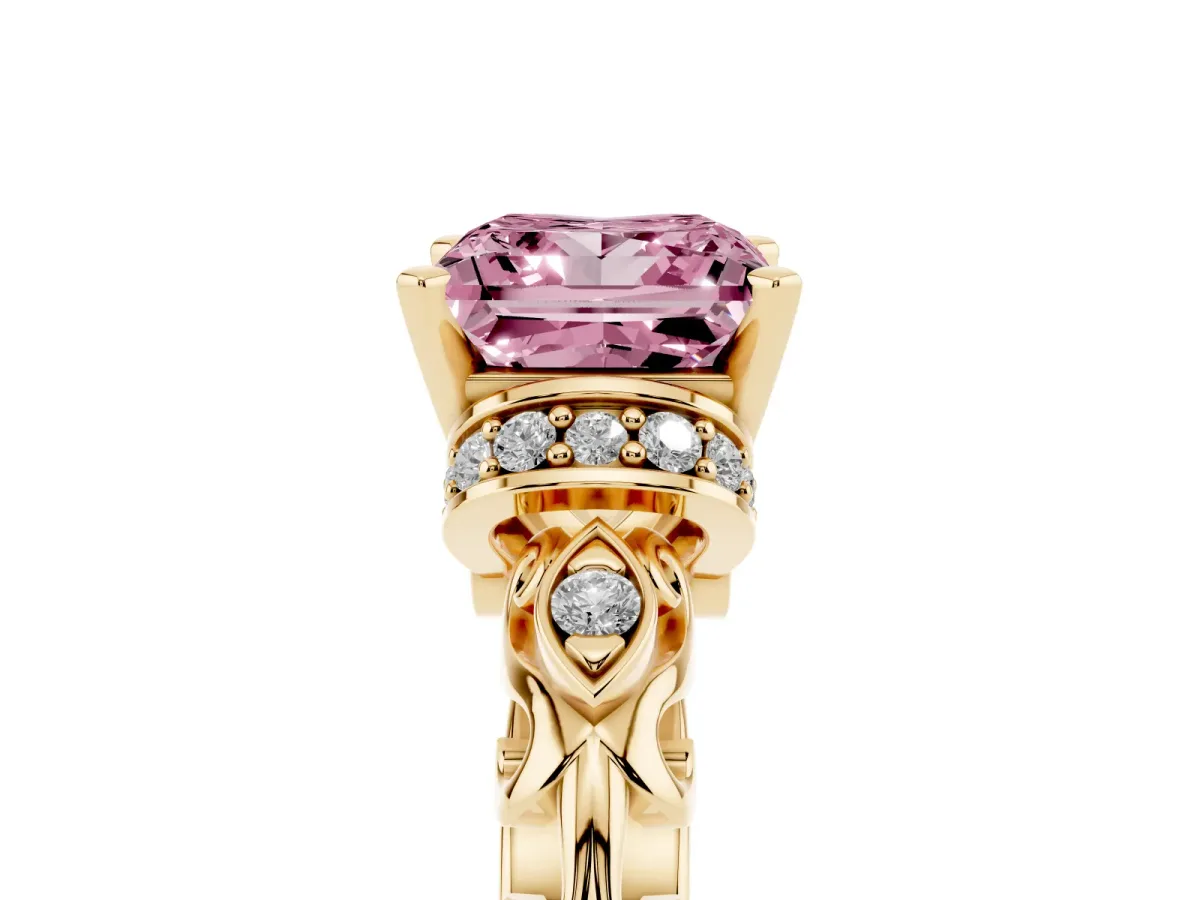 Fancy Pink Princess Cut Diamond Solitaire Ring with Filigree Band and Four-Prong Setting Yellow gold