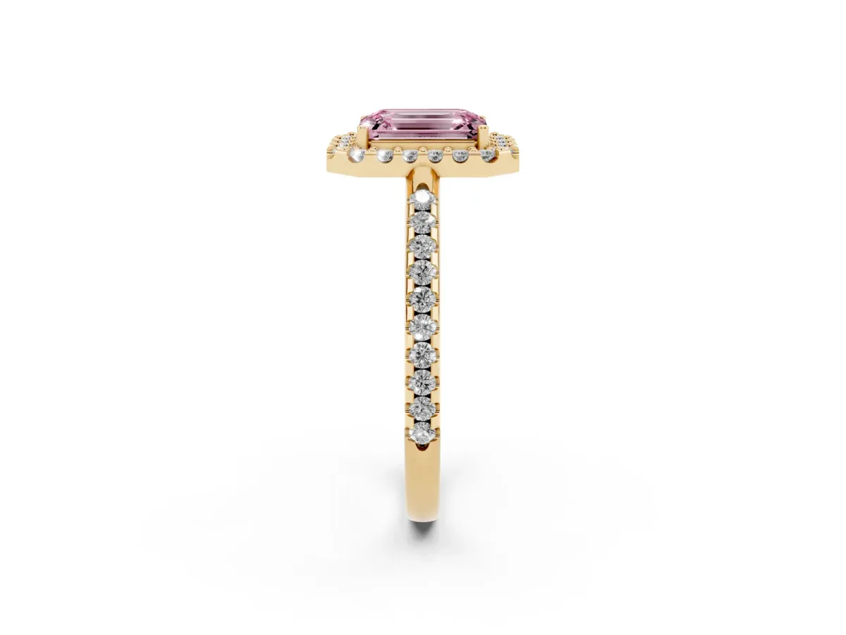 Fancy Pink Emerald Cut Diamond Pavé Halo Ring with Four-Prong Setting Yellow gold