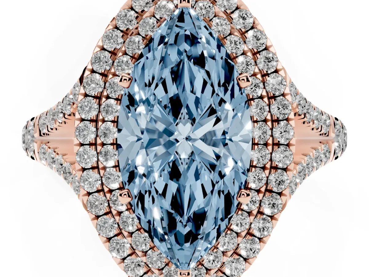 Fancy Blue Marquise Cut Diamond Pavé Split Shank Double Halo Engagement Ring Rose gold