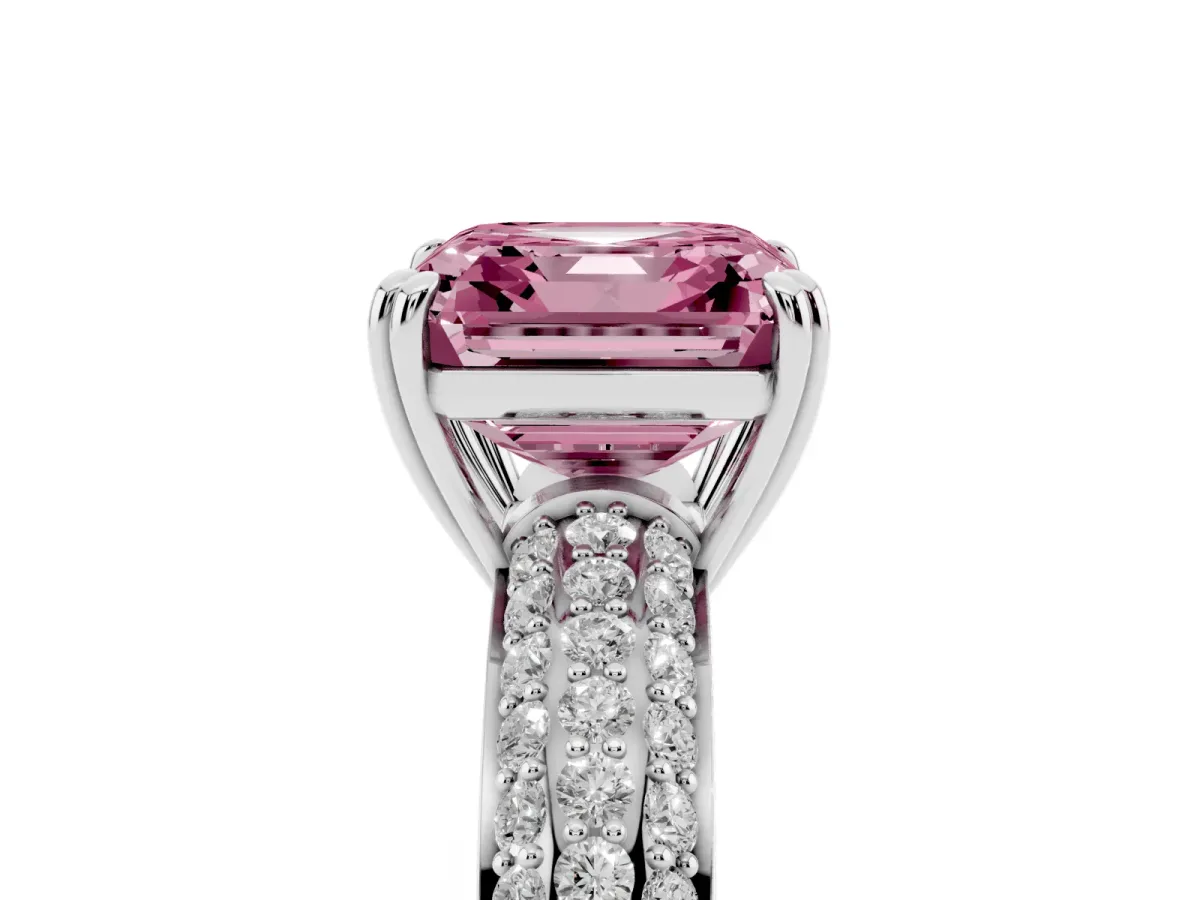Fancy Pink Asscher Cut Diamond Solitaire Ring with Multi-Row Round Pavé Band and Prong Setting Silver