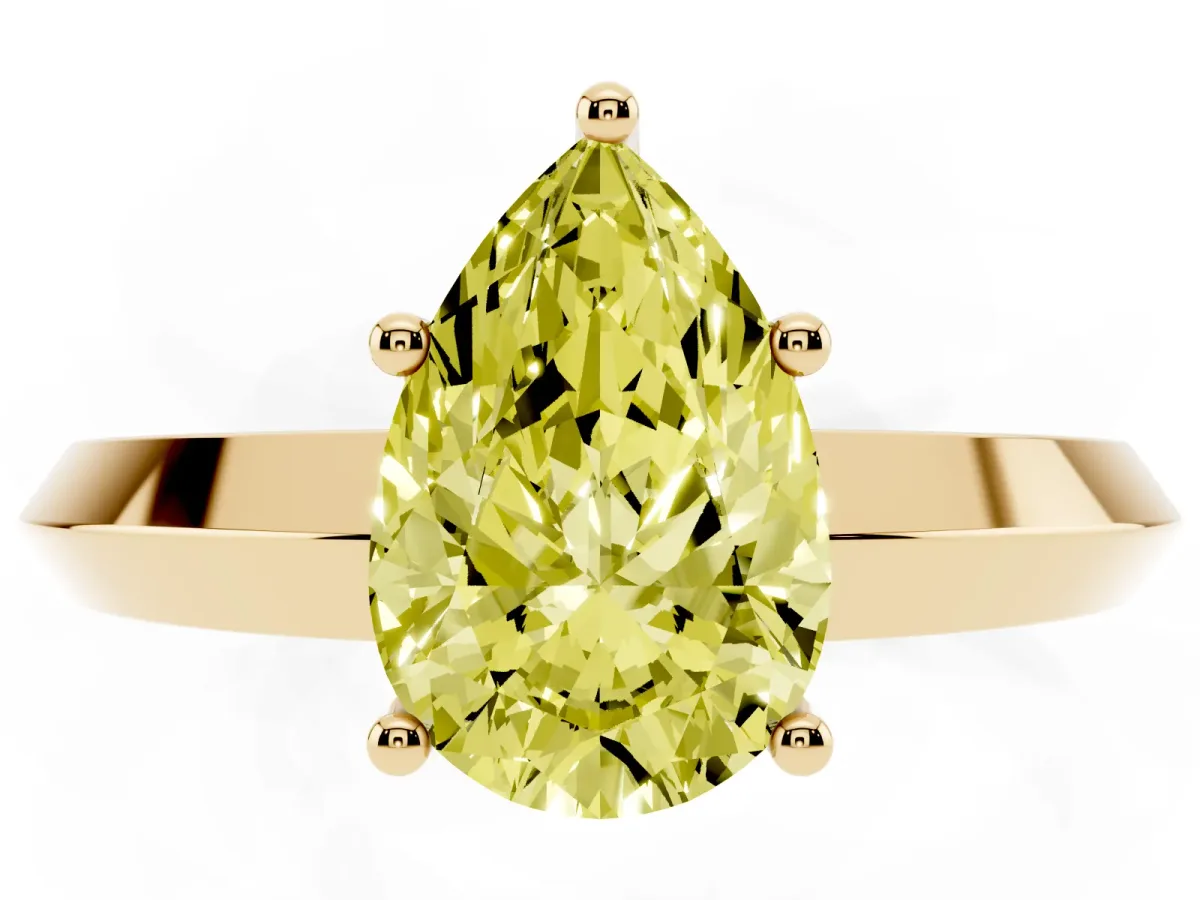 Fancy Yellow Pear Cut Cut Solitaire Engagement Ring with Flat Band and Four-Prong Setting Yellow gold