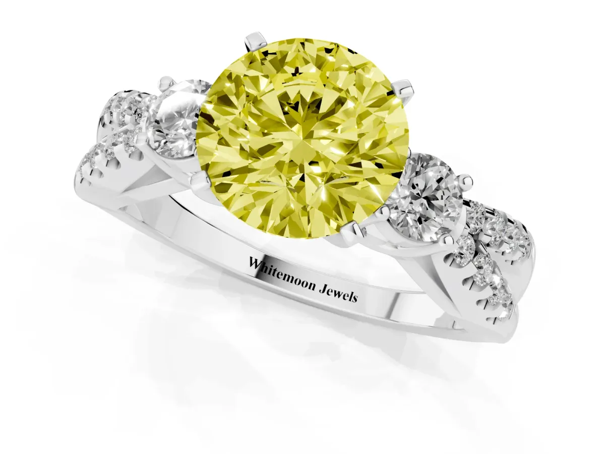 Fancy Yellow Round Cut Diamond Three-Stone Ring with Pavé Split Shank and Four-Prong Setting Silver