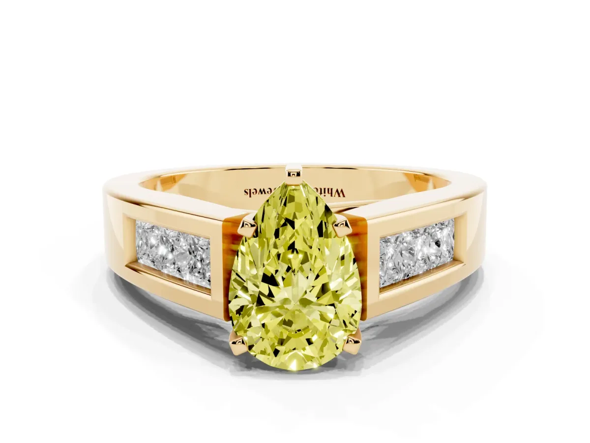 Fancy Yellow Pear Cut Cut Channel Set Solitaire Ring with Four-Prong Setting Yellow gold