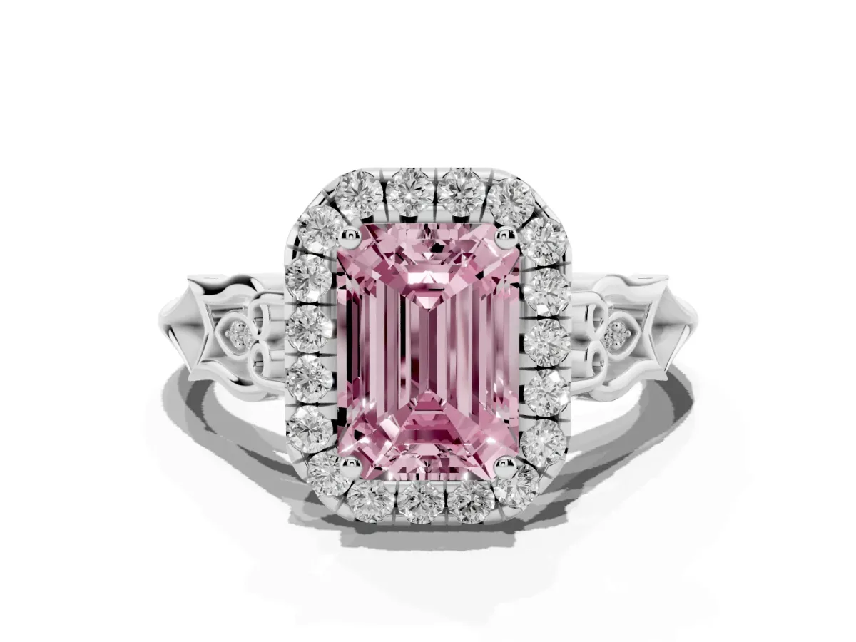 Fancy Pink Emerald Cut Halo Diamond Engagement Ring with Filigree Band and Four-Prong Setting Platinum