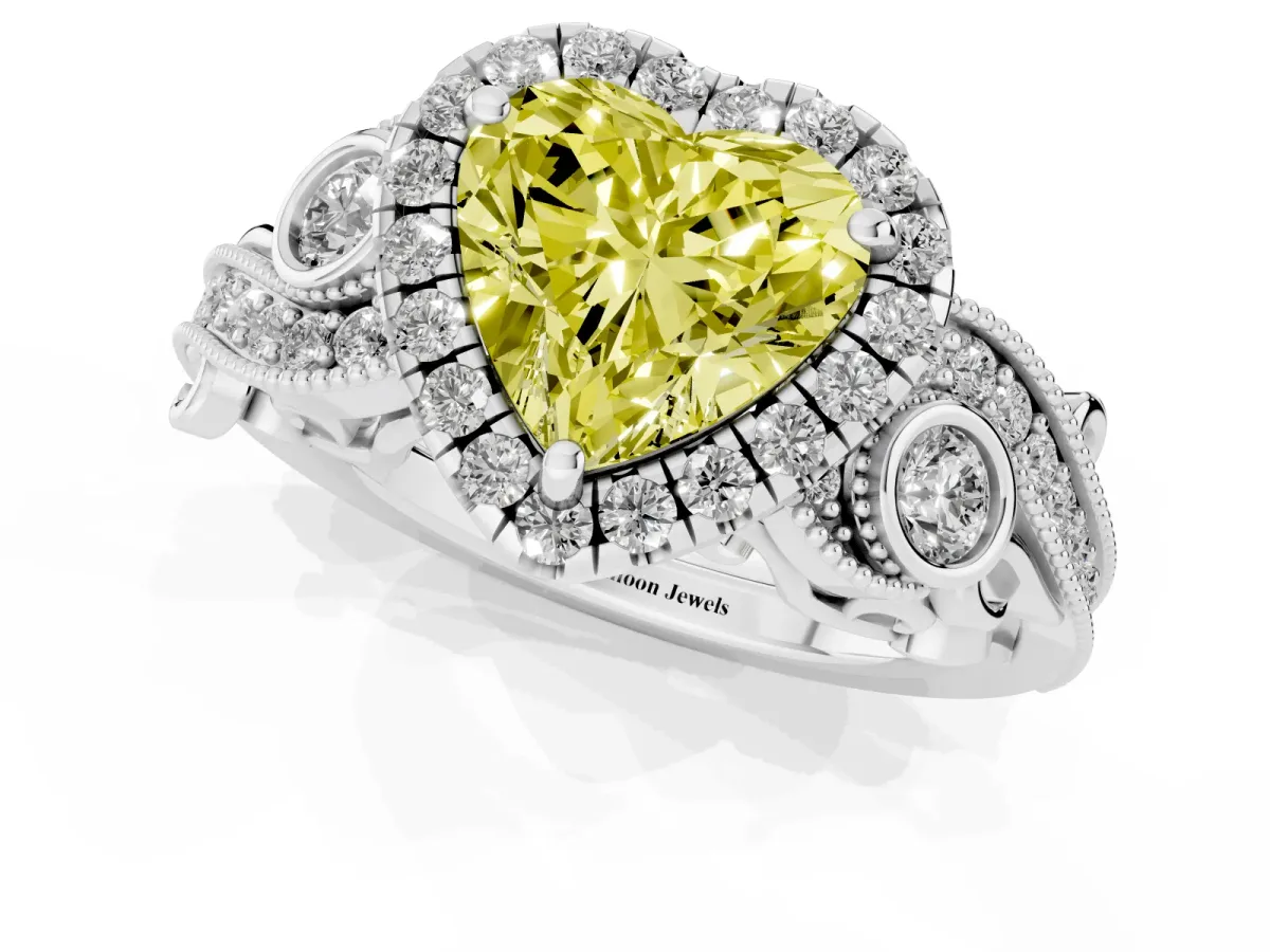 Fancy Yellow Heart Cut Halo Diamond Ring with Milgrain and Bezel Accents on a Split Shank Band Silver