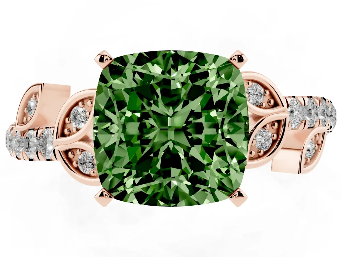 Fancy Green Cushion Cut Solitaire Leaf-Inspired Diamond Ring with Pavé Band and Four-Prong Setting Rose gold
