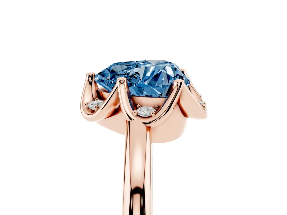 Fancy Blue Heart Cut Halo Diamond Ring with Round Cluster Setting, Solitaire Band, and Four-Prong Setting Rose gold