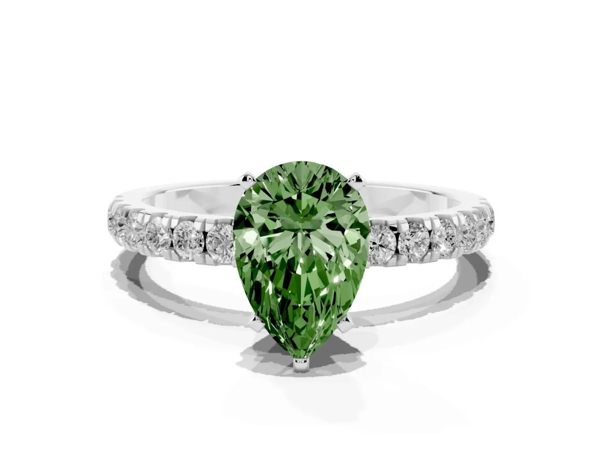 Fancy Green Pear Cut Diamond Solitaire Ring with Pavé Accents and Four-Prong Setting Platinum