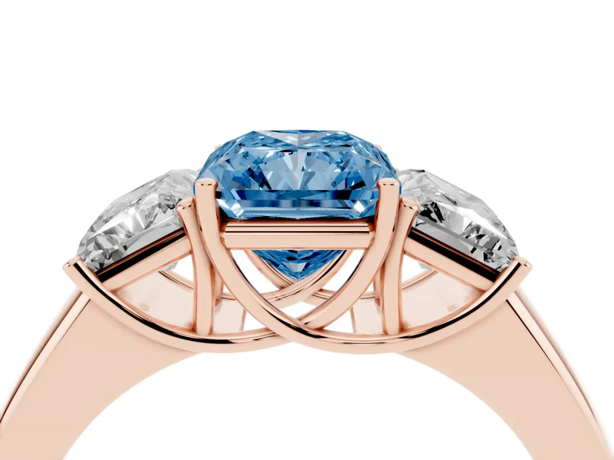 Fancy Blue Three-Stone Radiant Cut Cut Diamond Ring with Prong Setting and Classic Band Rose gold