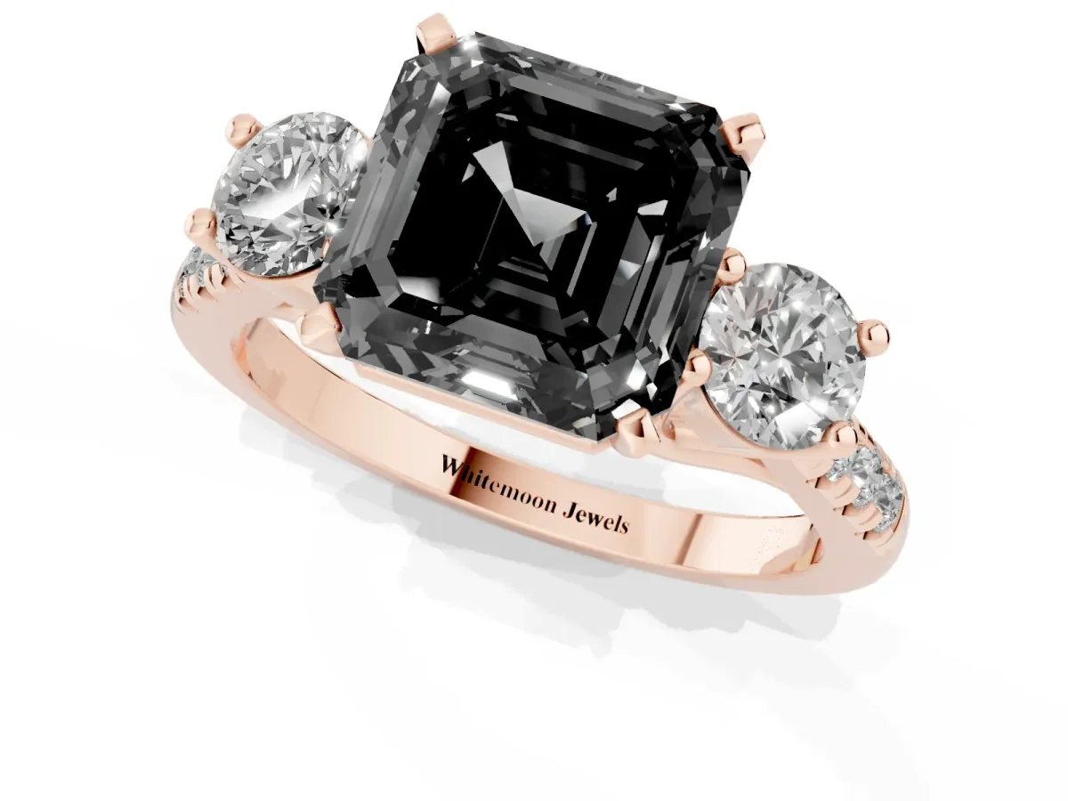 Fancy Black Three-Stone Asscher Cut Diamond Pavé Band with Four-Prong Setting Rose gold