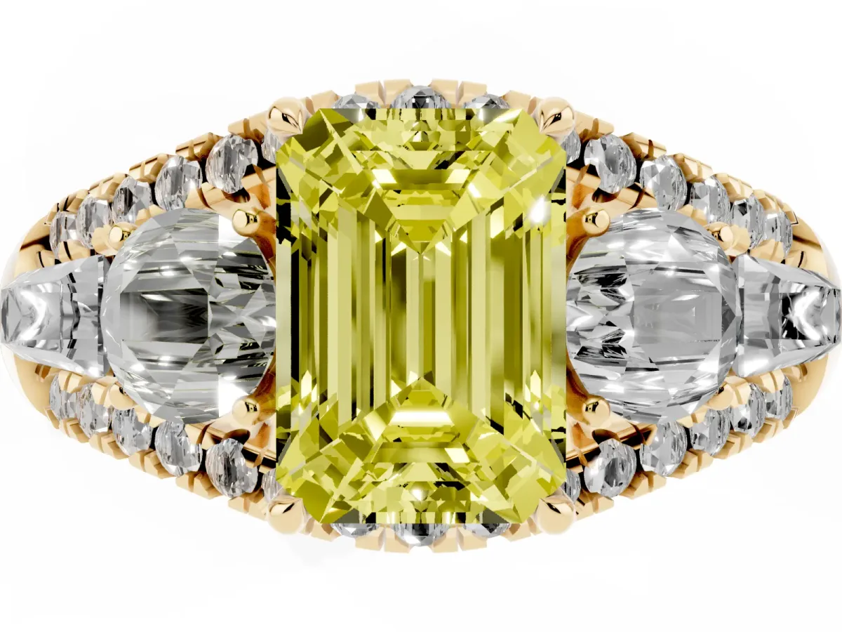 Fancy Yellow Three-Stone Emerald Cut Diamond Engagement Ring with Pave Band and Prong Setting Yellow gold