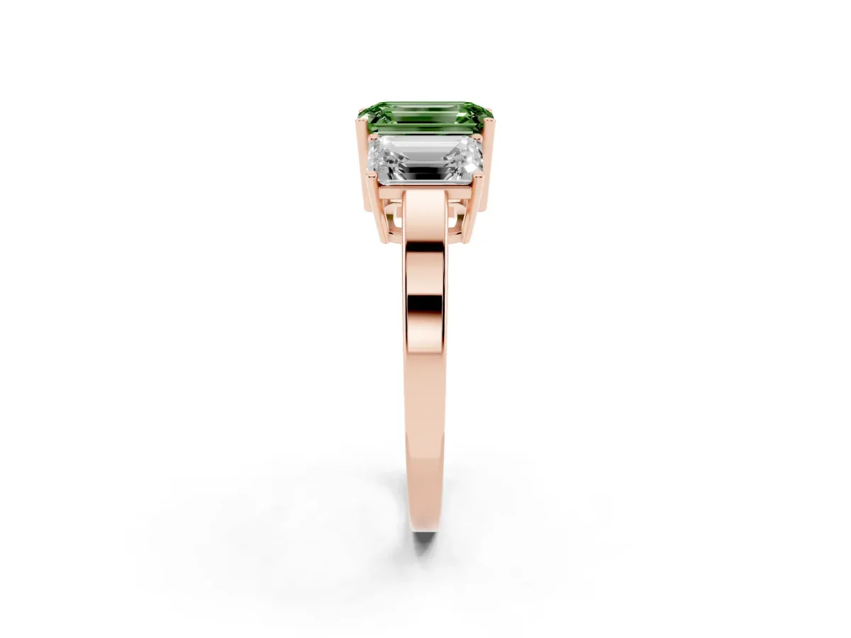 Fancy Green Three-Stone Emerald Cut Cut Diamond Engagement Ring with Flat Band and Four-Prong Setting Rose gold