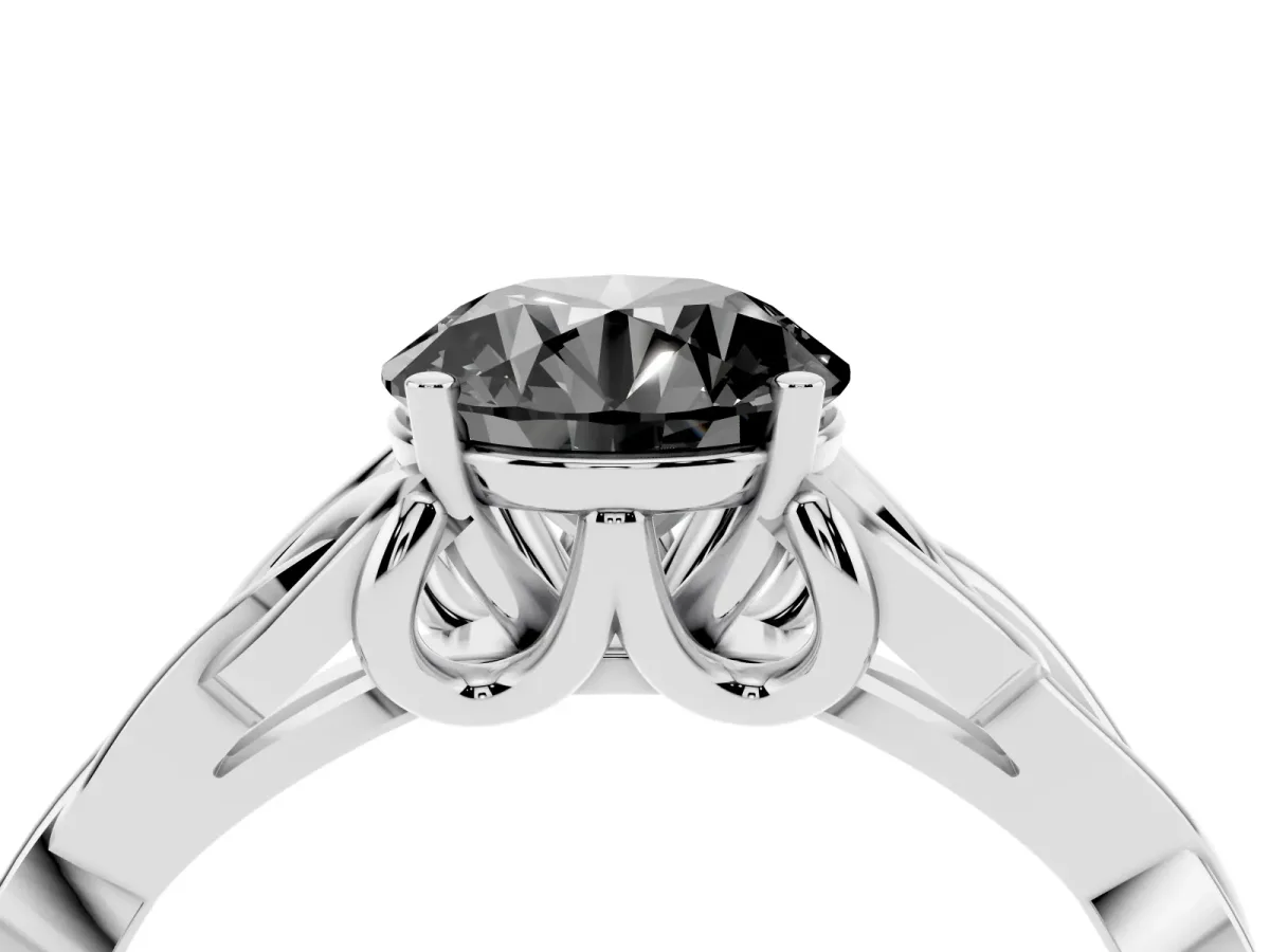 Fancy Black Round Cut Diamond Solitaire Engagement Ring with Celtic Knot Band and Four-Prong Setting White gold
