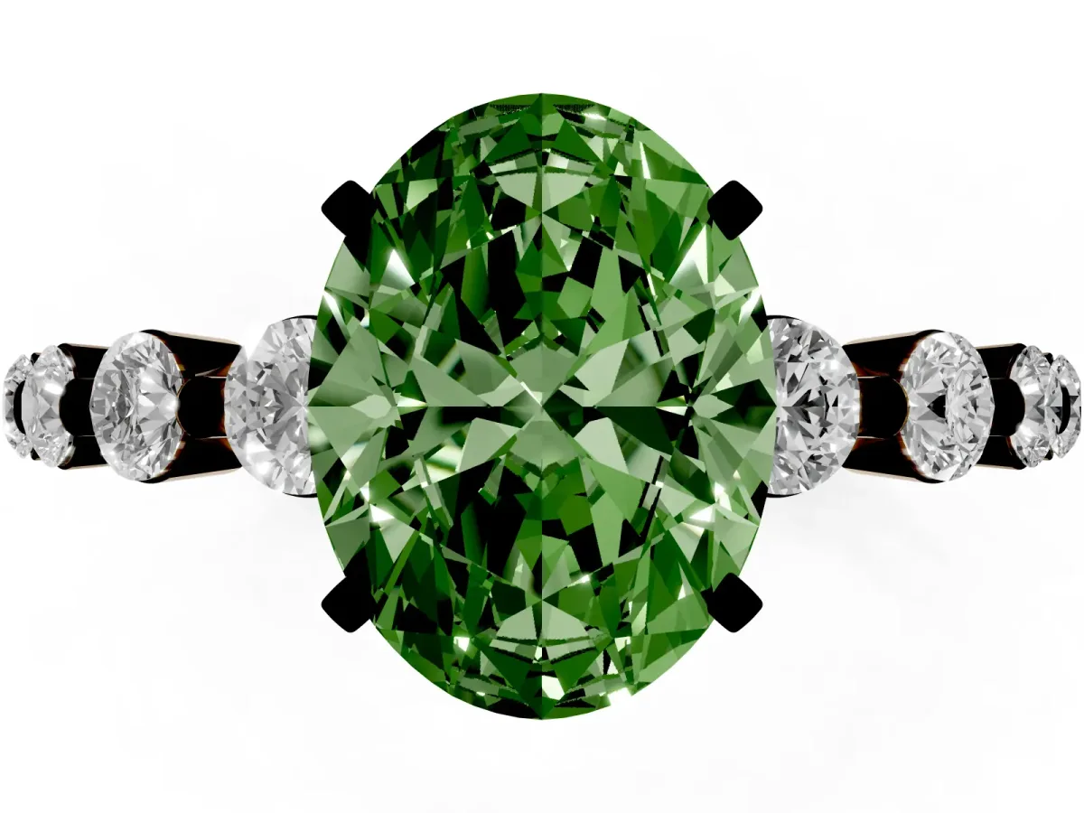 Fancy Green Oval Cut Solitaire Diamond Ring with Pave Band and Four-Prong Setting Yellow gold