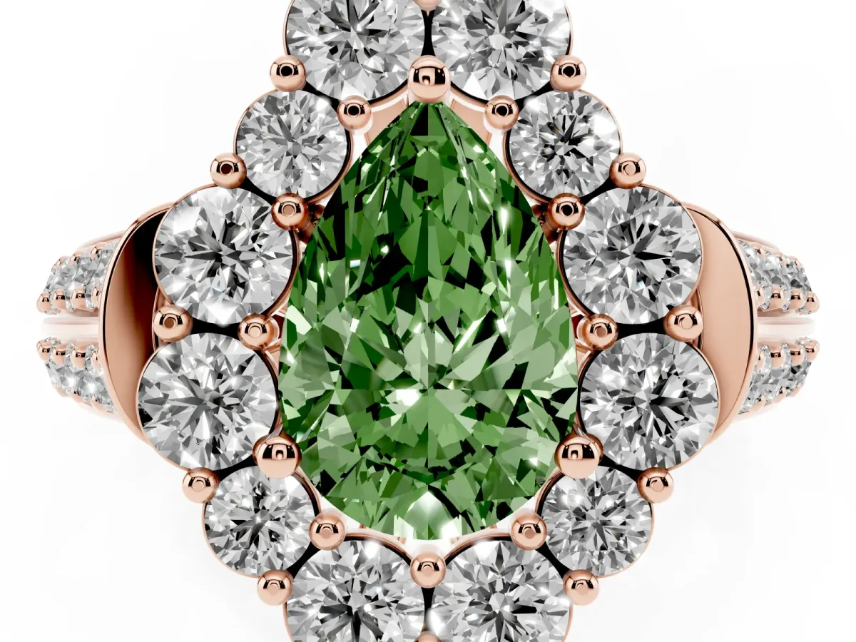 Fancy Green Pear Cut Halo Diamond Engagement Ring with Split Shank and Prong Setting Rose gold