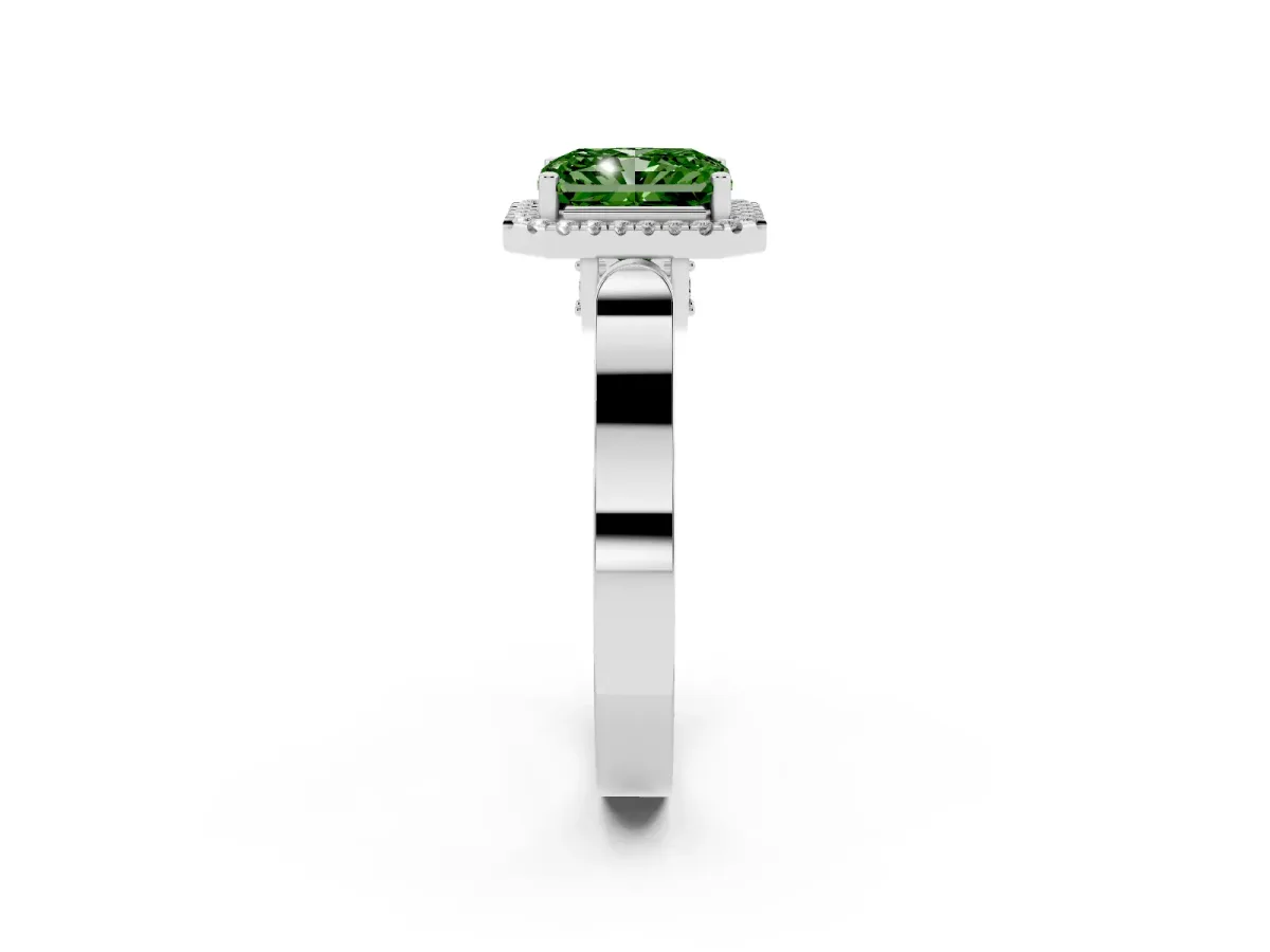 Fancy Green Radiant Cut Halo Round Diamond Twist Band with Four-Prong Setting White gold