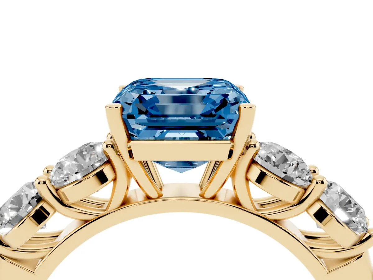 Fancy Blue Asscher Cut Cut Five-Stone Prong Set Diamond Ring with Classic Band Yellow gold