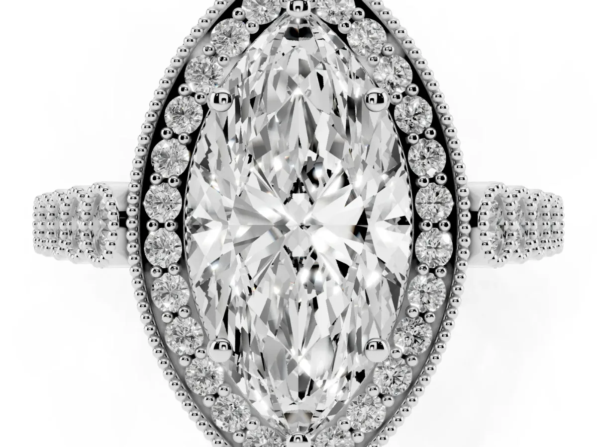 Marquise Cut Halo Milgrain Solitaire with Bezel Set Side Stones and Pave Band Silver