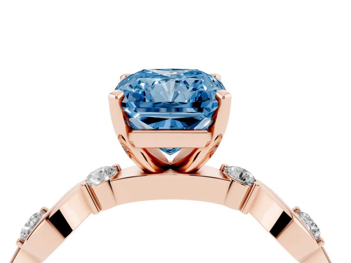 Fancy Blue Radiant Cut Diamond Solitaire Twisted Band with Round Accents and Prong Setting Rose gold
