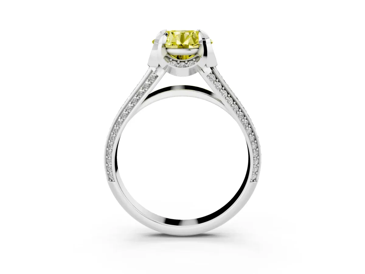 Fancy Yellow Round Cut Solitaire Pave Split Shank Ring with Four-Prong Setting Platinum