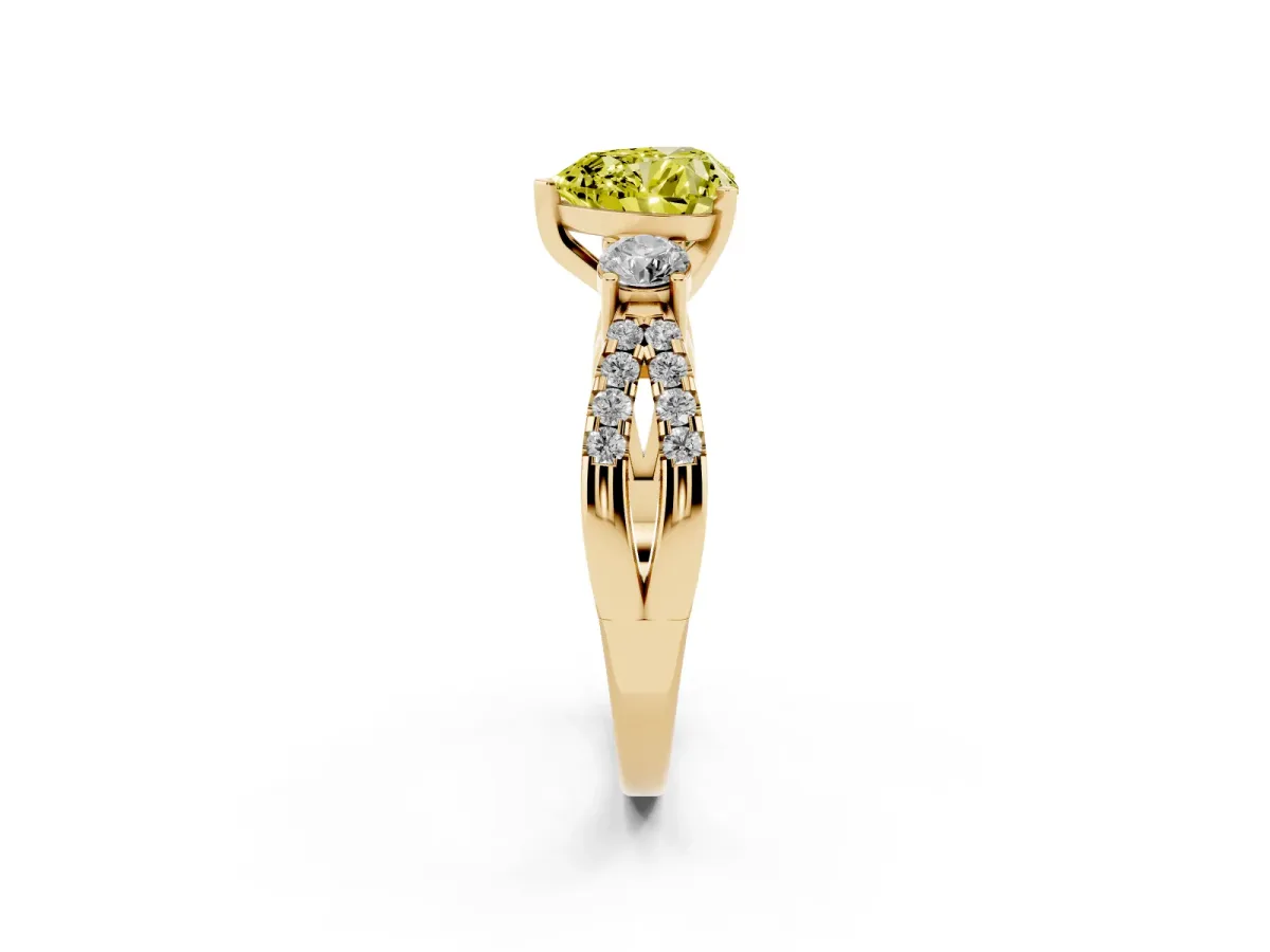 Fancy Yellow Heart Cut Diamond Three-Stone Ring with Pavé Split Shank and Four-Prong Setting Yellow gold