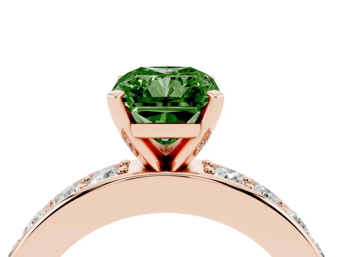 Fancy Green Radiant Cut Diamond Engagement Ring with Channel Set Round Band and Prong Setting Rose gold