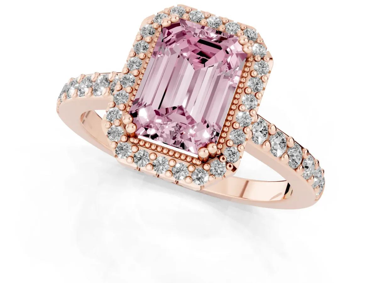 Fancy Pink Emerald Cut Cut Diamond Halo Engagement Ring with Milgrain Detail and Pavé Band Rose gold