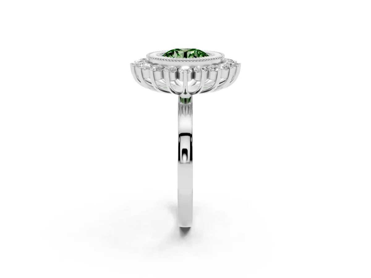 Fancy Green Round Cut Halo Diamond Ring with Milgrain Edge and Round Prong Setting Silver