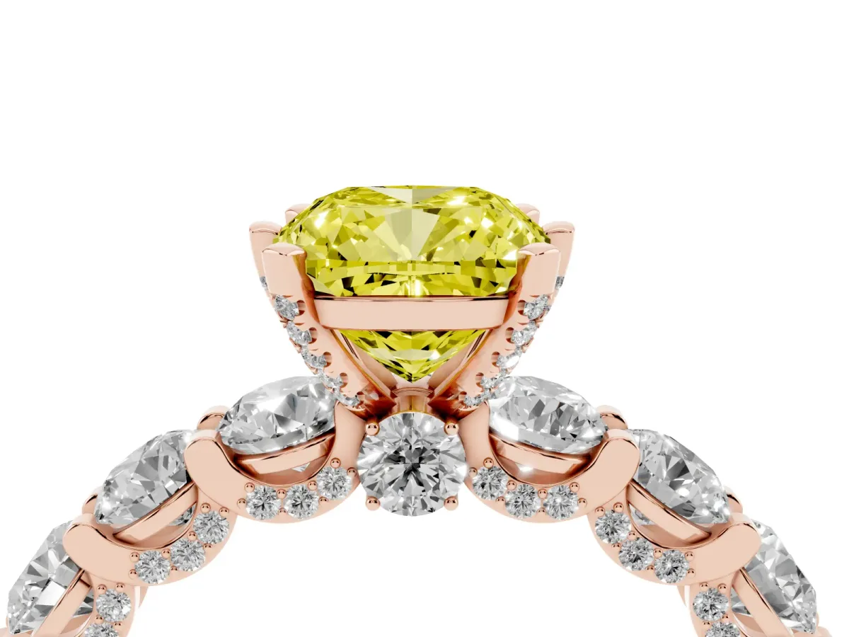 Fancy Yellow Cushion Cut Diamond Side Stone Engagement Ring with Four-Prong Setting Rose gold