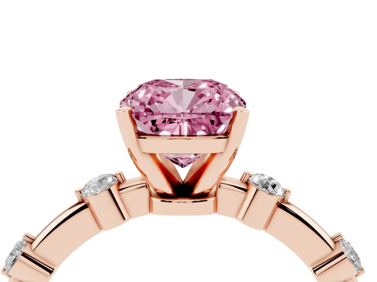 Fancy Pink Cushion Cut Solitaire Diamond Ring with Bezel Set Side Stones and Prong Setting Rose gold