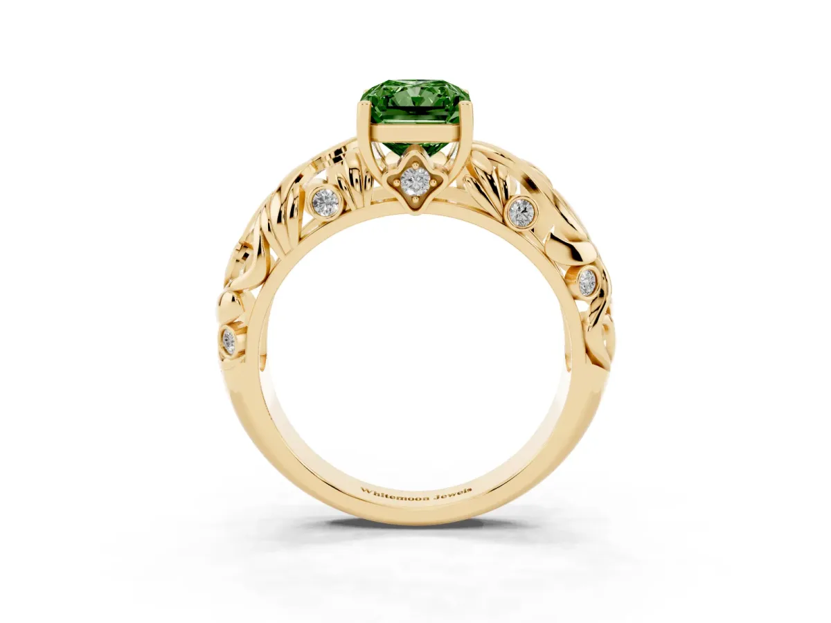 Fancy Green Radiant Cut Solitaire Diamond Leaf-Inspired Vine Band Ring with Prong Setting Yellow gold