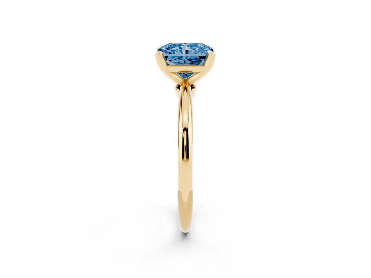 Fancy Blue Radiant Cut Diamond Solitaire Ring with Prong Setting and Classic Band Yellow gold