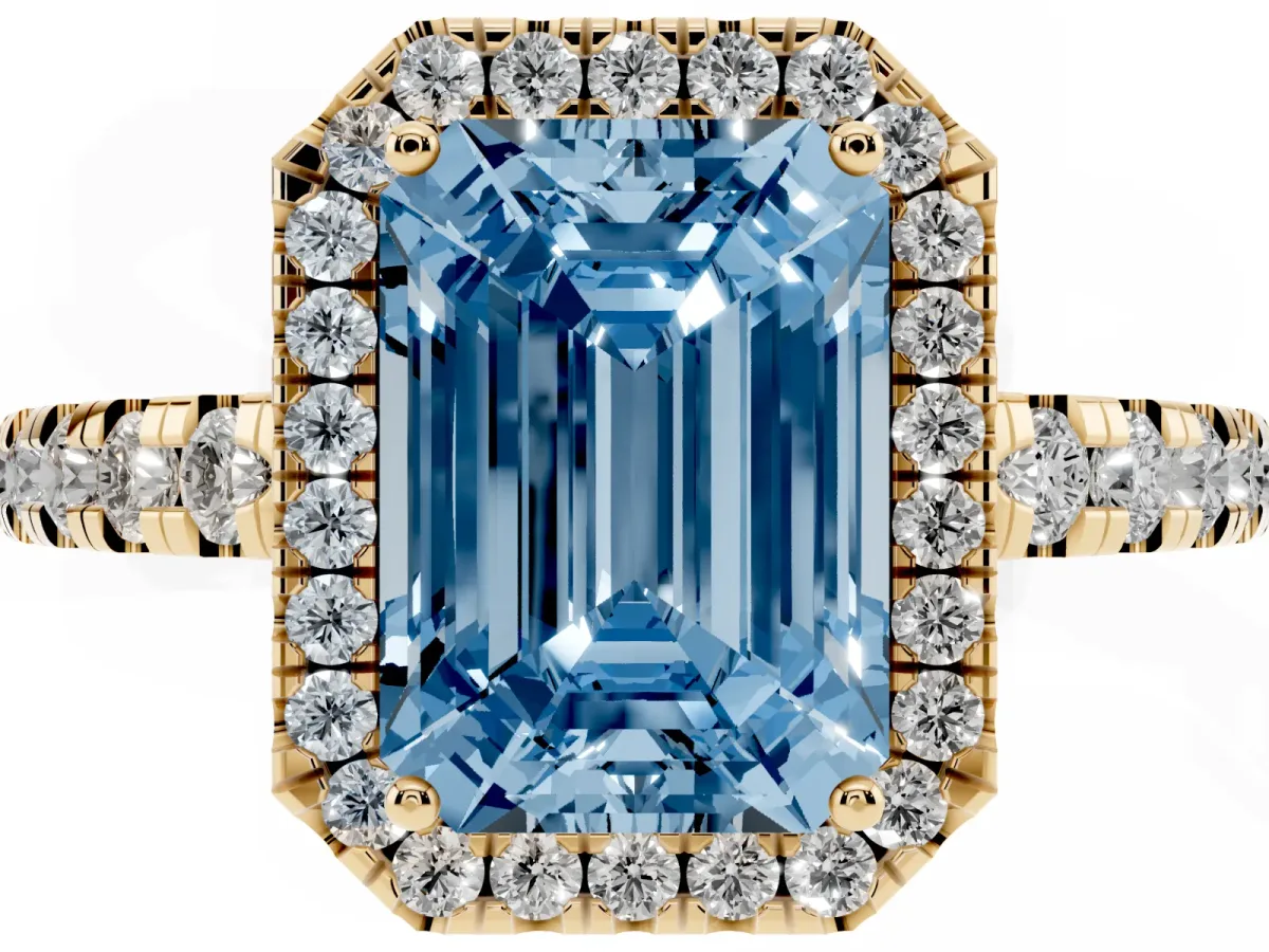 Fancy Blue Emerald Cut Diamond Halo Ring with Pavé Band and Four-Prong Setting Yellow gold