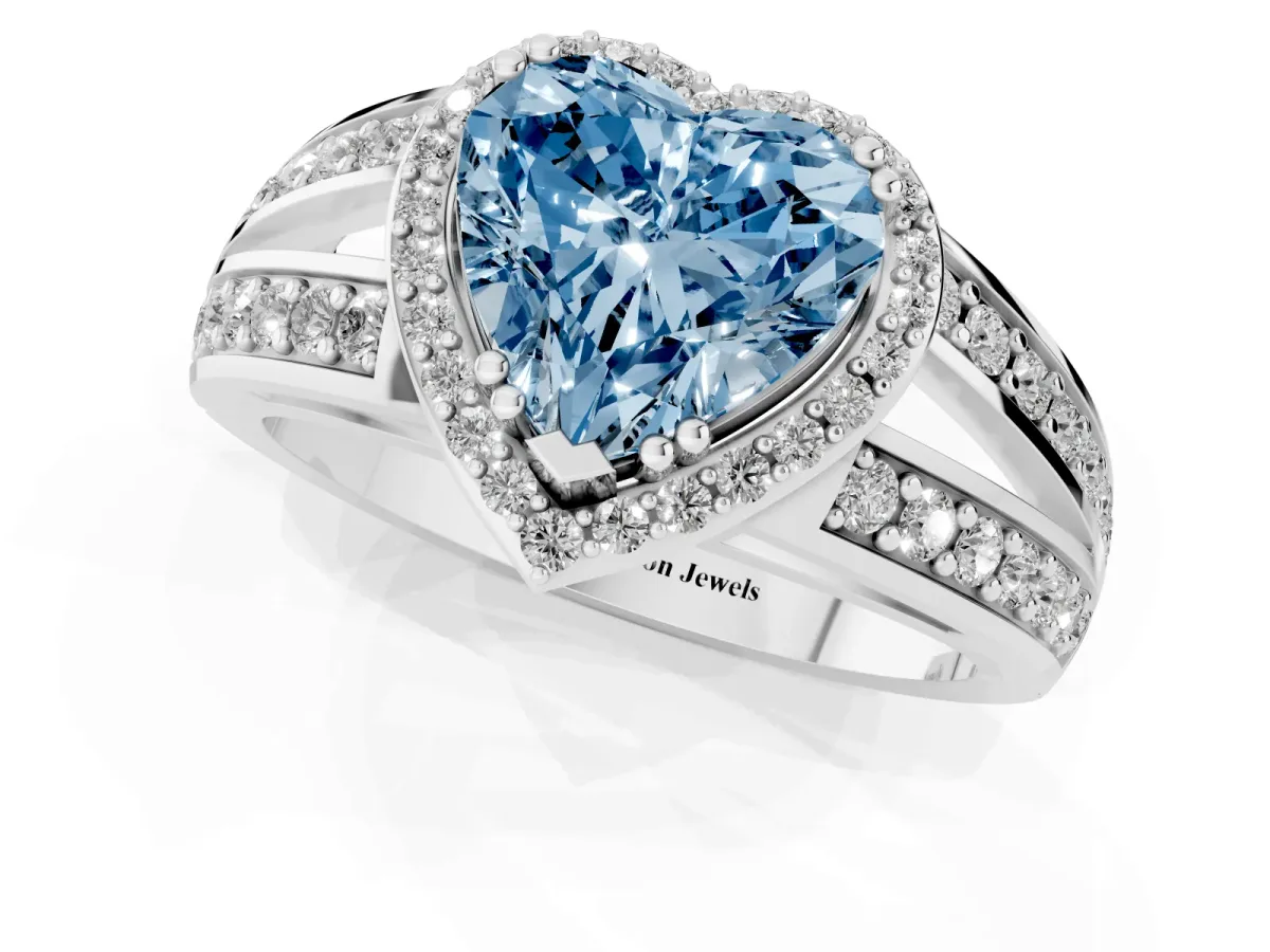 Fancy Blue Heart Cut Diamond Halo Ring with Split Shank Pavé Band and Four-Prong Setting Platinum