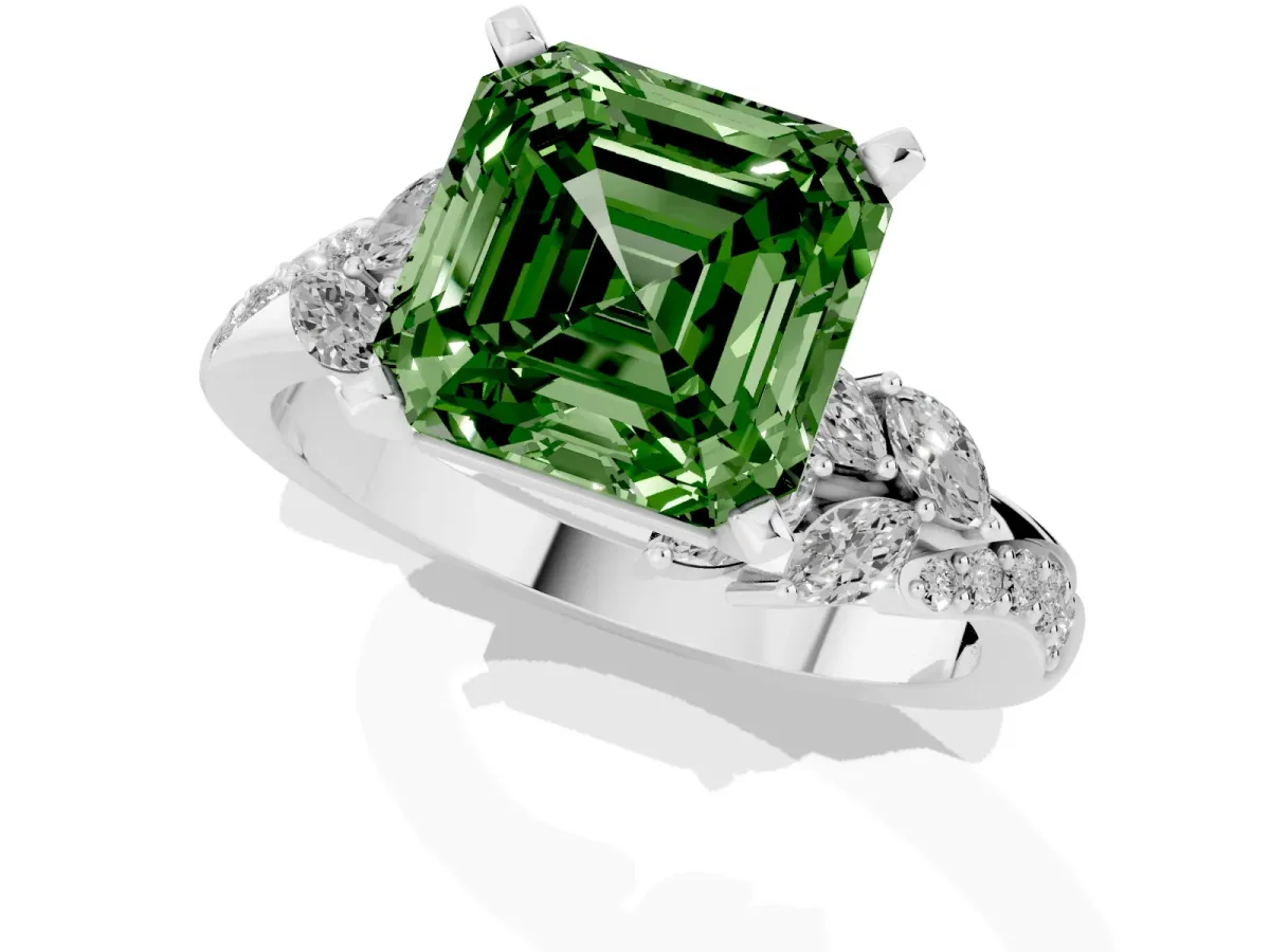 Fancy Green Asscher Cut Solitaire Marquise Twist Band with Six-Prong Setting Silver