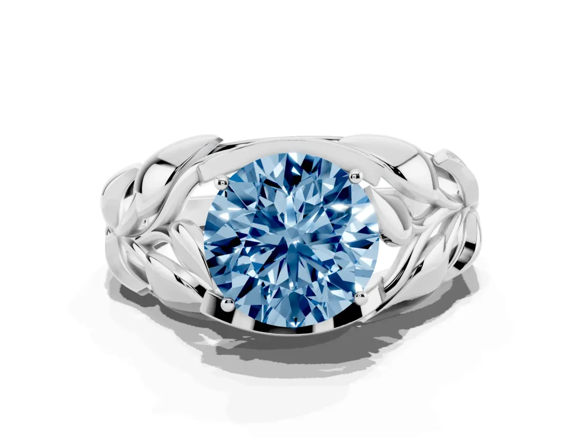 Fancy Blue Round Cut Diamond Leaf-Inspired Engagement Ring with Round Accents and Prong Setting Silver