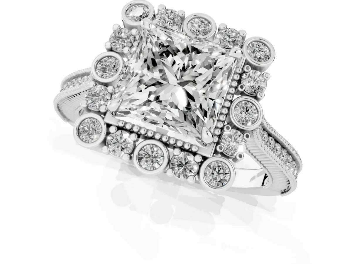Princess Cut Halo Milgrain Pave Diamond Ring with Four-Prong Setting Silver